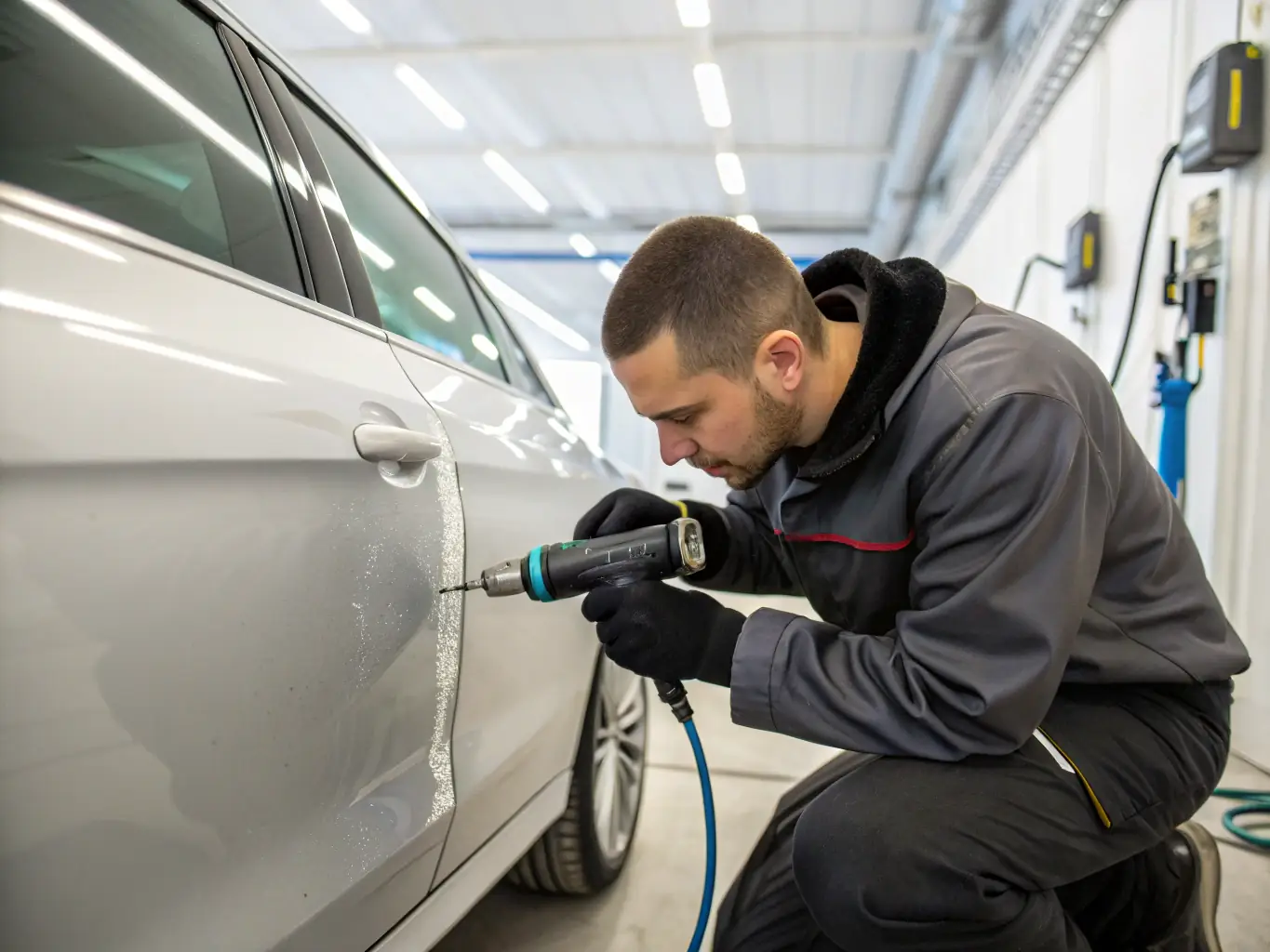 A close-up shot of a technician using a color-matching system to perfectly blend the paint on a Mercedes-Benz fender at Roadster Collision.