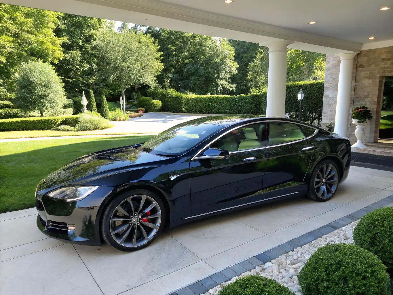 An image of a fully restored Tesla Model S, gleaming under the lights of the Roadster Collision facility, highlighting the flawless repair work.