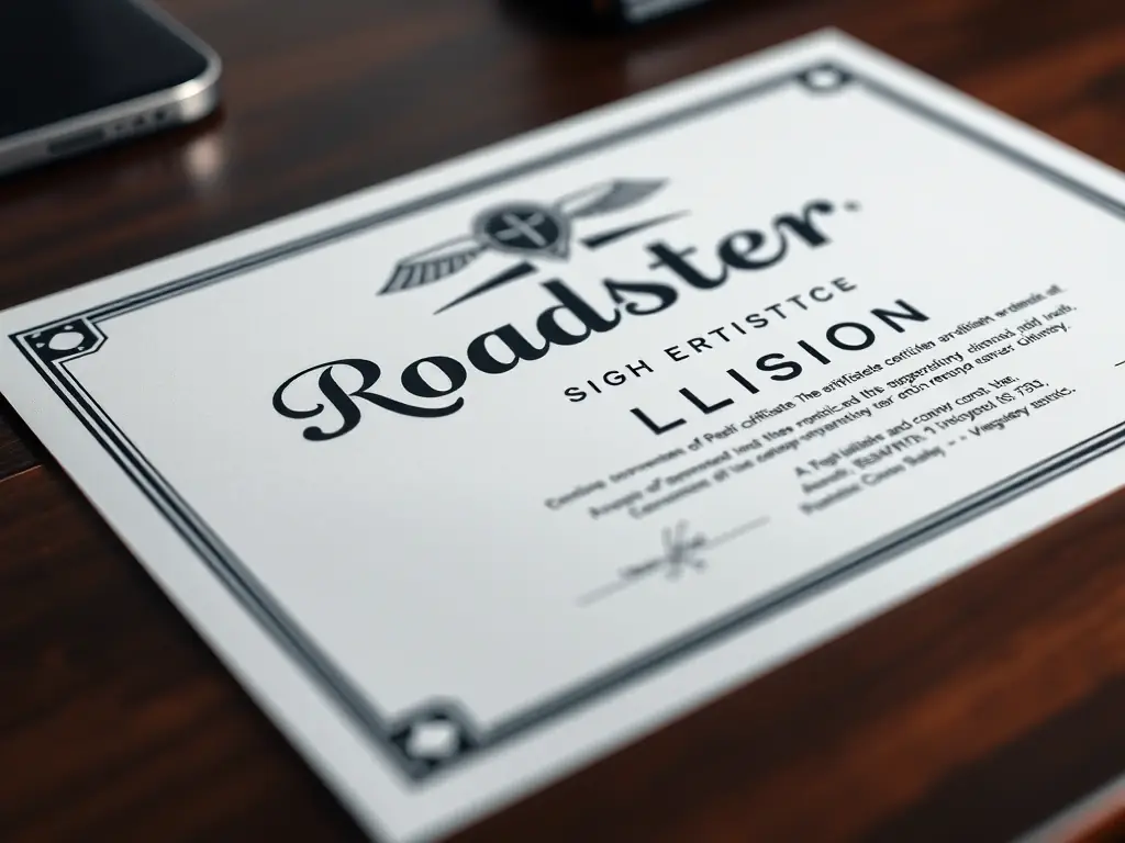 A close-up image displaying the Roadster Collision lifetime warranty certificate, symbolizing our commitment to quality and customer satisfaction.