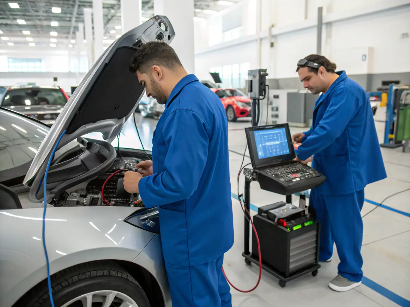 A technician using advanced diagnostic tools to calibrate ADAS systems on a modern vehicle, emphasizing the precision and expertise at Roadster Collision.