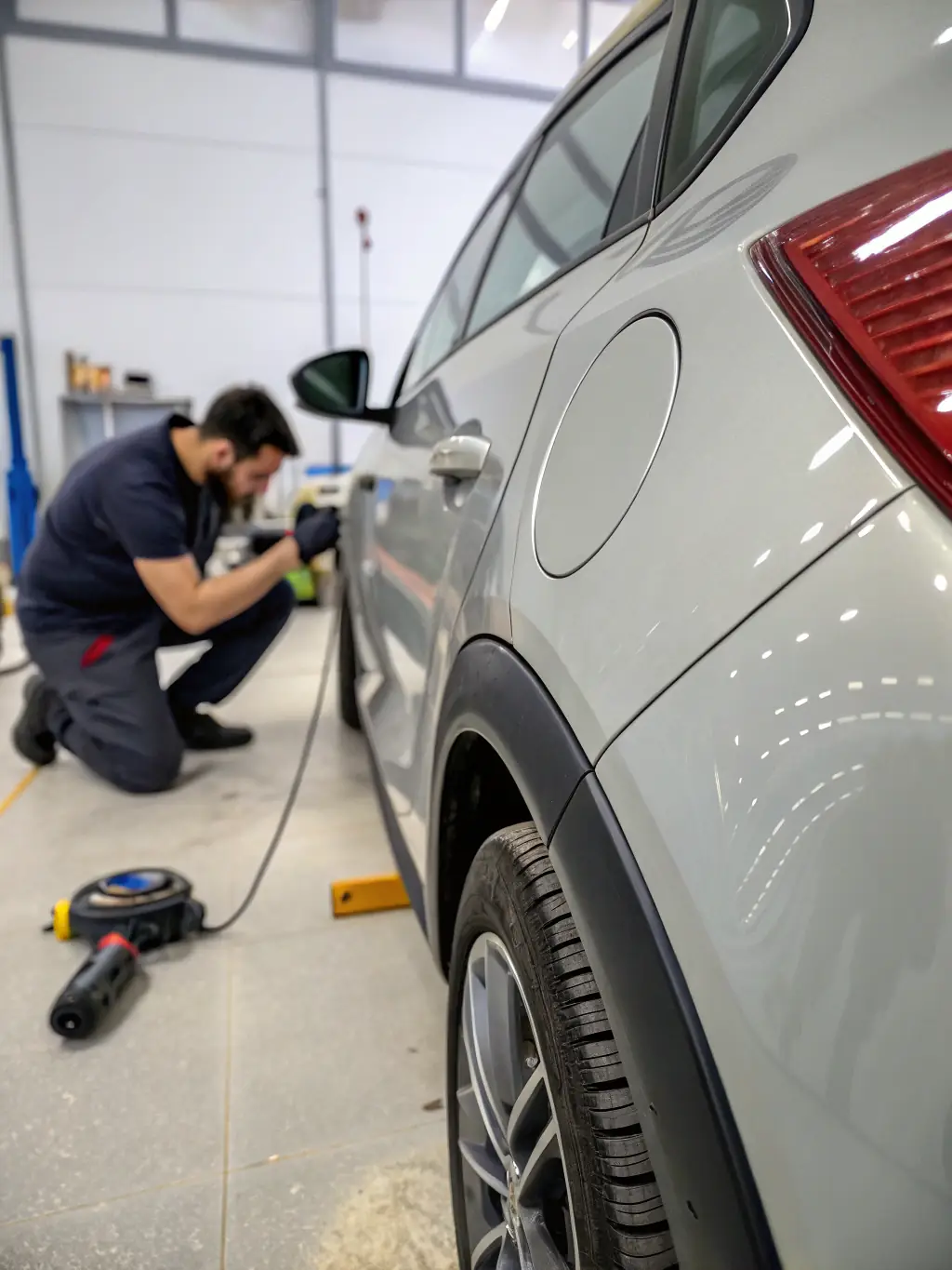 A before-and-after shot of a car door panel, showing the seamless repair of dents and scratches at Roadster Collision.