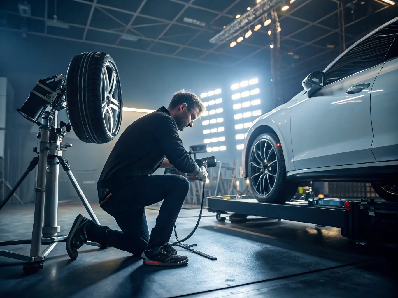 Technicians performing ADAS calibration using specialized equipment on a modern vehicle, used to represent ADAS Calibration service.