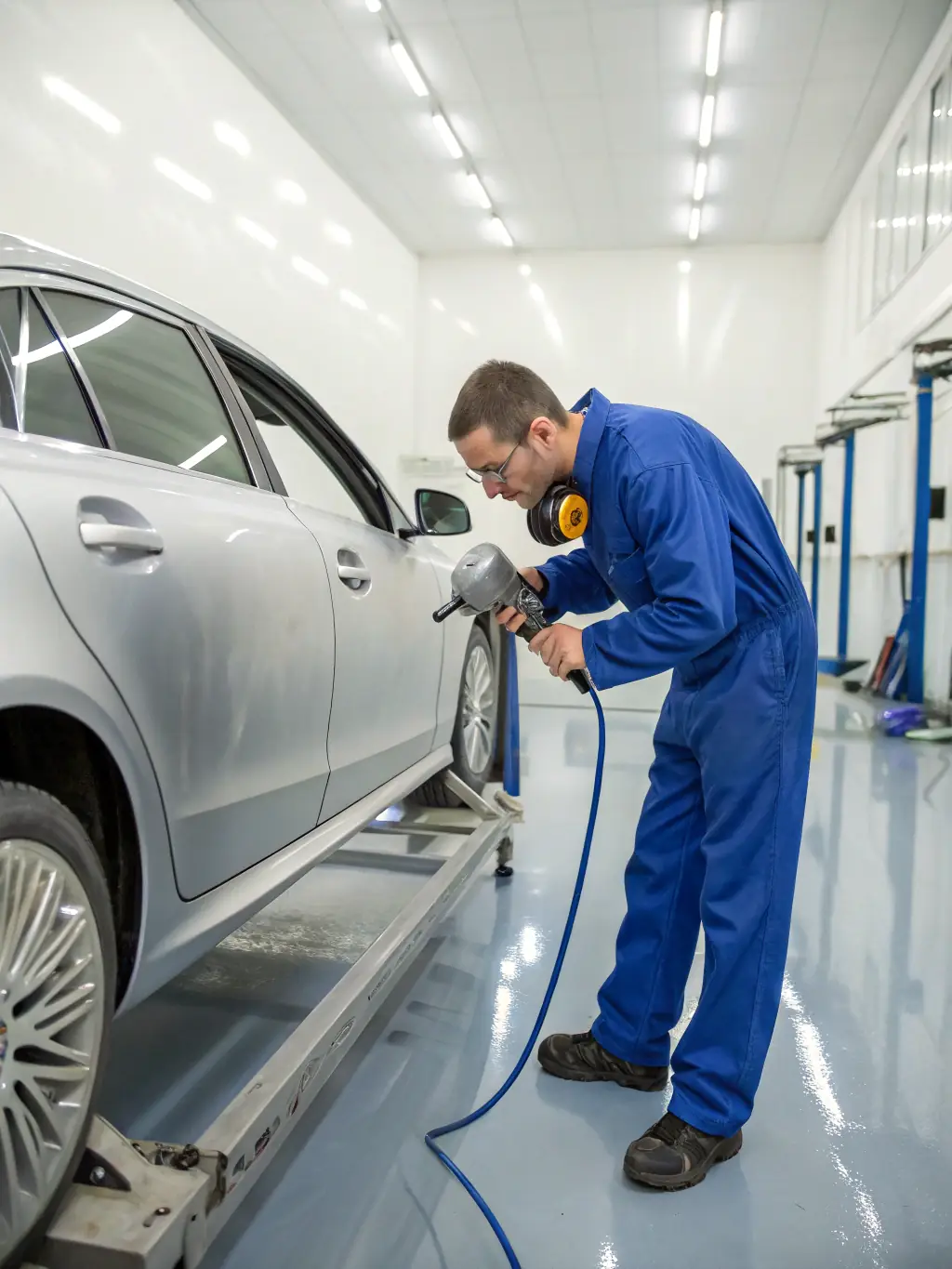 A technician using advanced color-matching technology to perfectly blend paint on a luxury vehicle at Roadster Collision.