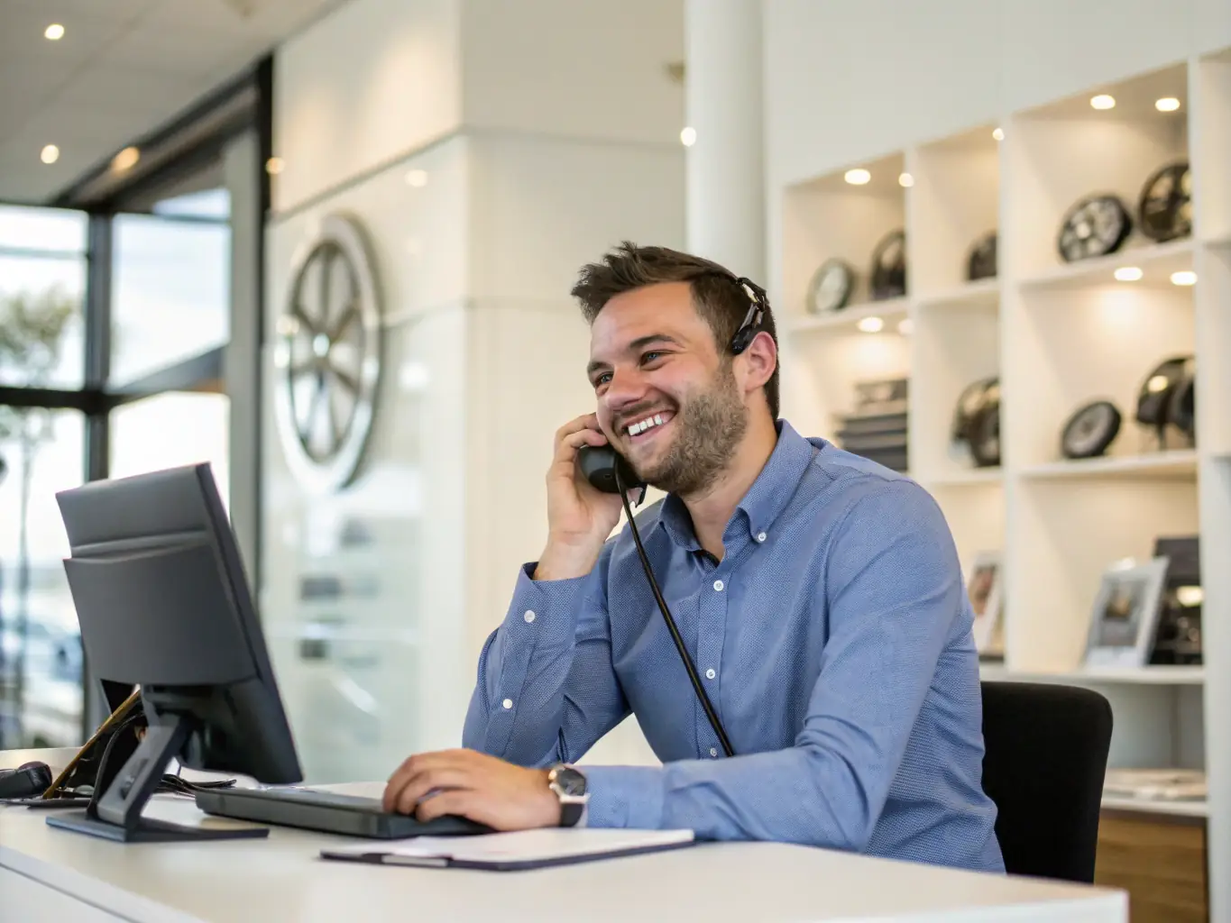 A friendly Roadster Collision staff member assisting a customer with insurance paperwork, highlighting the company's commitment to customer advocacy.